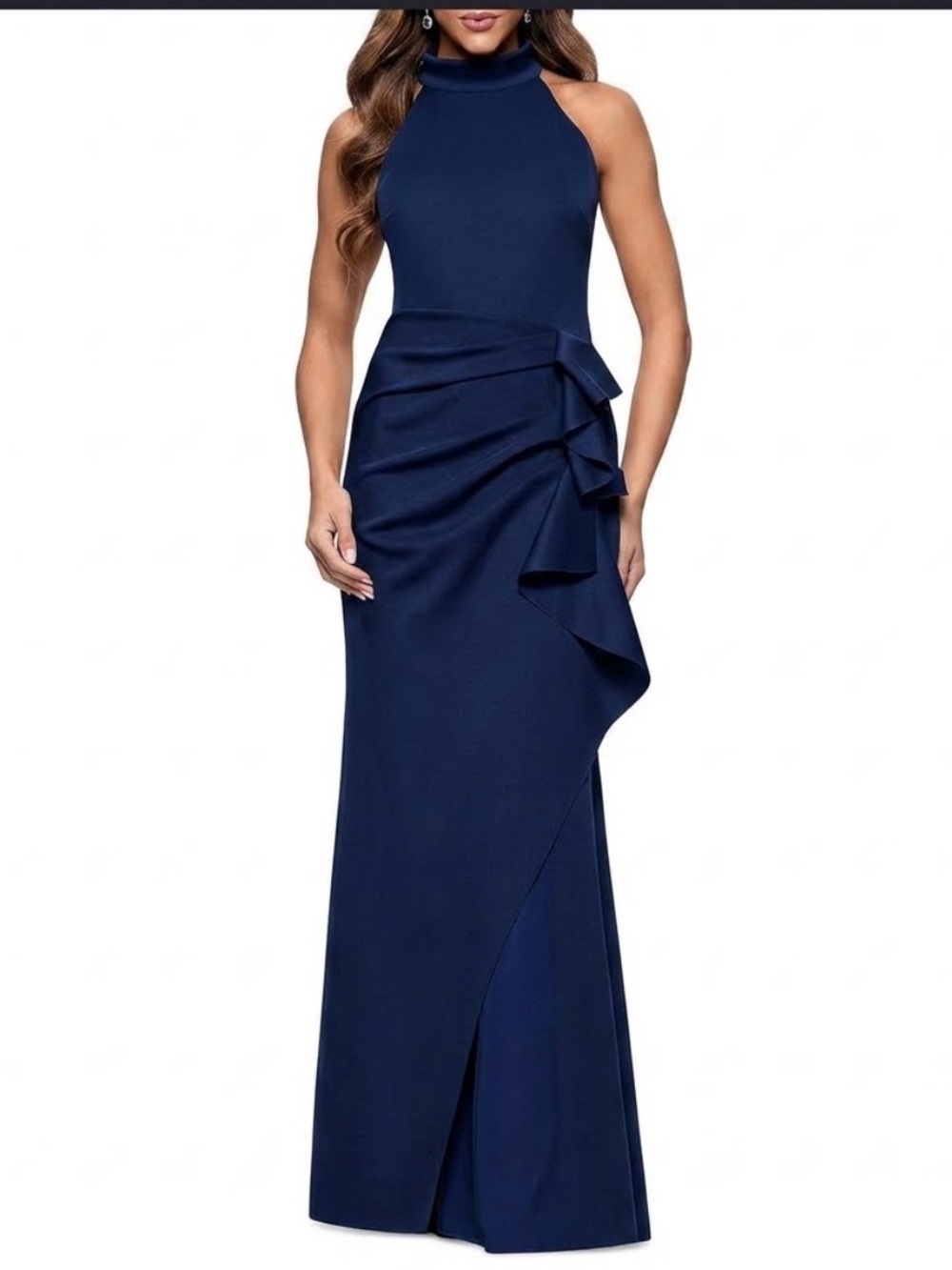Xscape Navy Halter Mock Neck Side Ruffle gown-size 14-has been dry cleaned